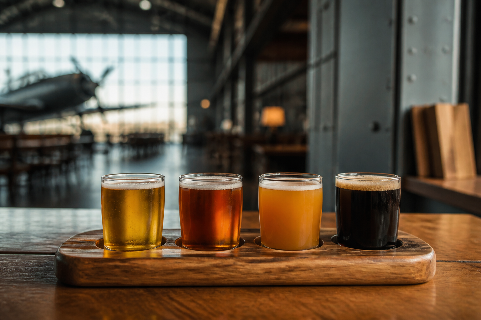 Taproom bay with flights lined on a steel counter